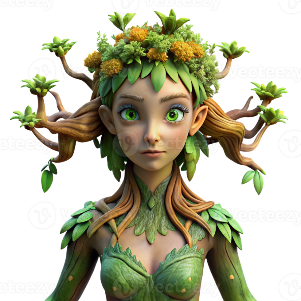 dramatic minimalist A beautiful dryad emerging from a ancient oak tree, her skin adorned with moss and leaves. Soft lighting, fantasy art style high quality png