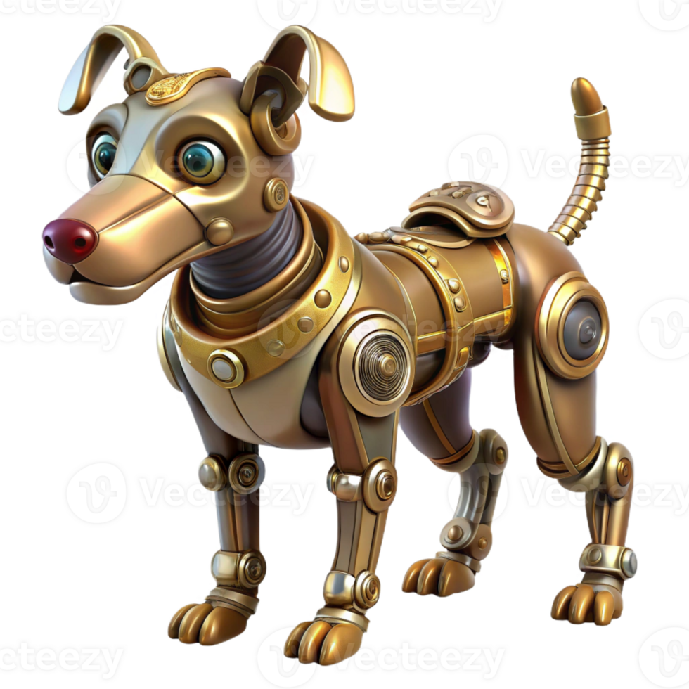 beautiful rustic A steampunk inspired robotic dog with intricate clockwork mechanisms, wagging its tail, soft, diffused lighting, painterly style high quality png
