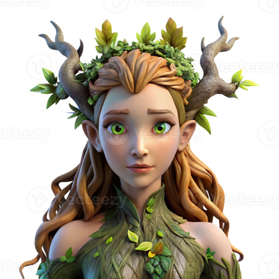extraordinary classic A beautiful dryad emerging from a ancient oak tree, her skin adorned with moss and leaves. Soft lighting, fantasy art style premium png