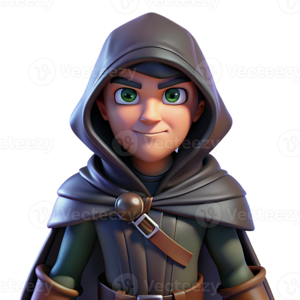stunning artistic A cunning rogue with a hooded cloak and twin daggers, lurking in the shadows. Dramatic lighting, comic book style original png