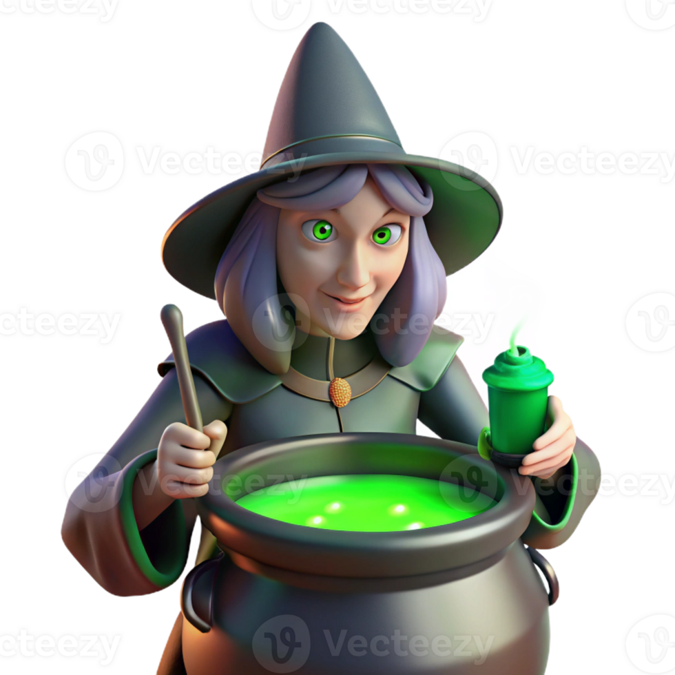 wonderful minimalist A powerful witch brewing a potion in a cauldron, her face illuminated by the eerie green glow. Moody lighting, painterly style premium png