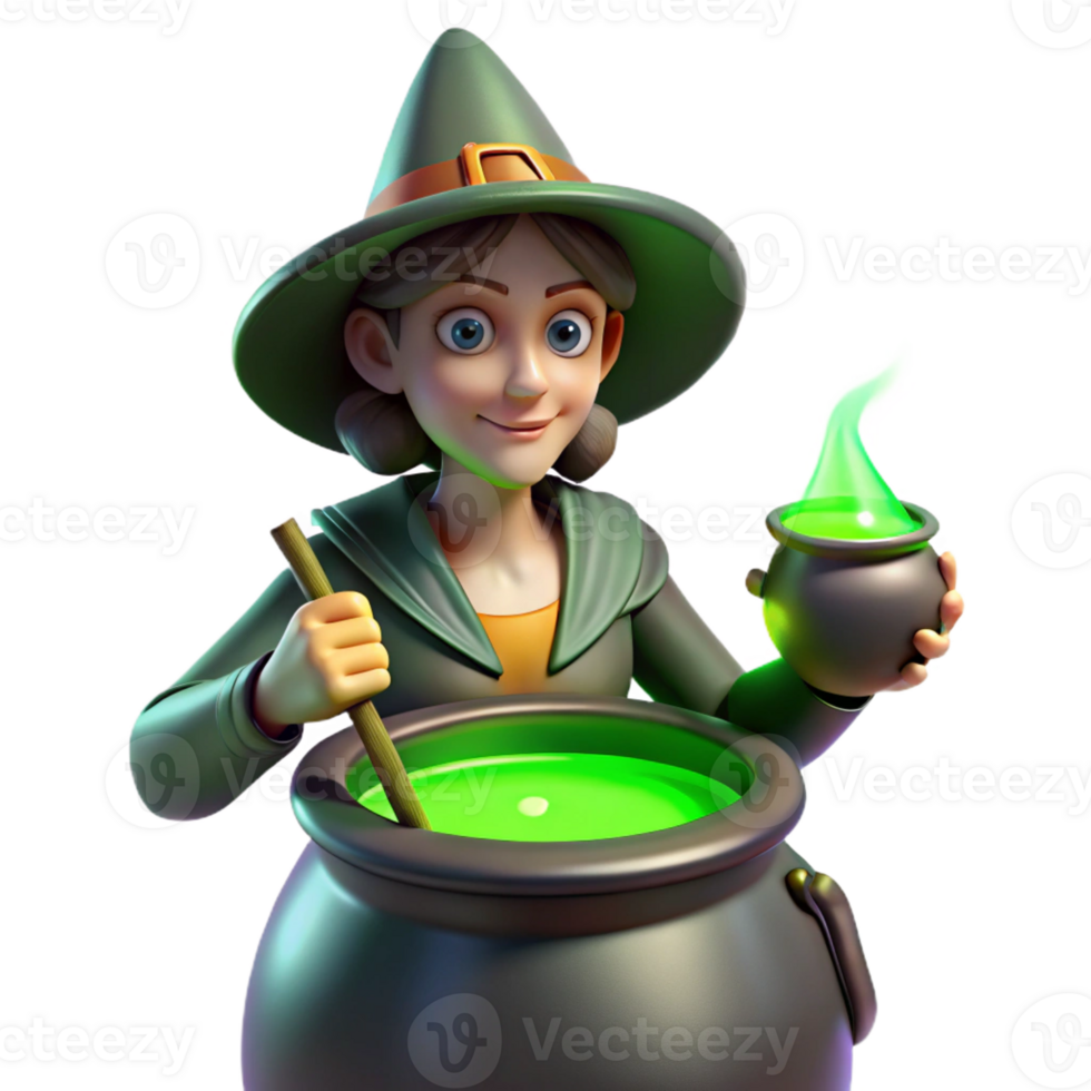 elegant contemporary A powerful witch brewing a potion in a cauldron, her face illuminated by the eerie green glow. Moody lighting, painterly style premium png