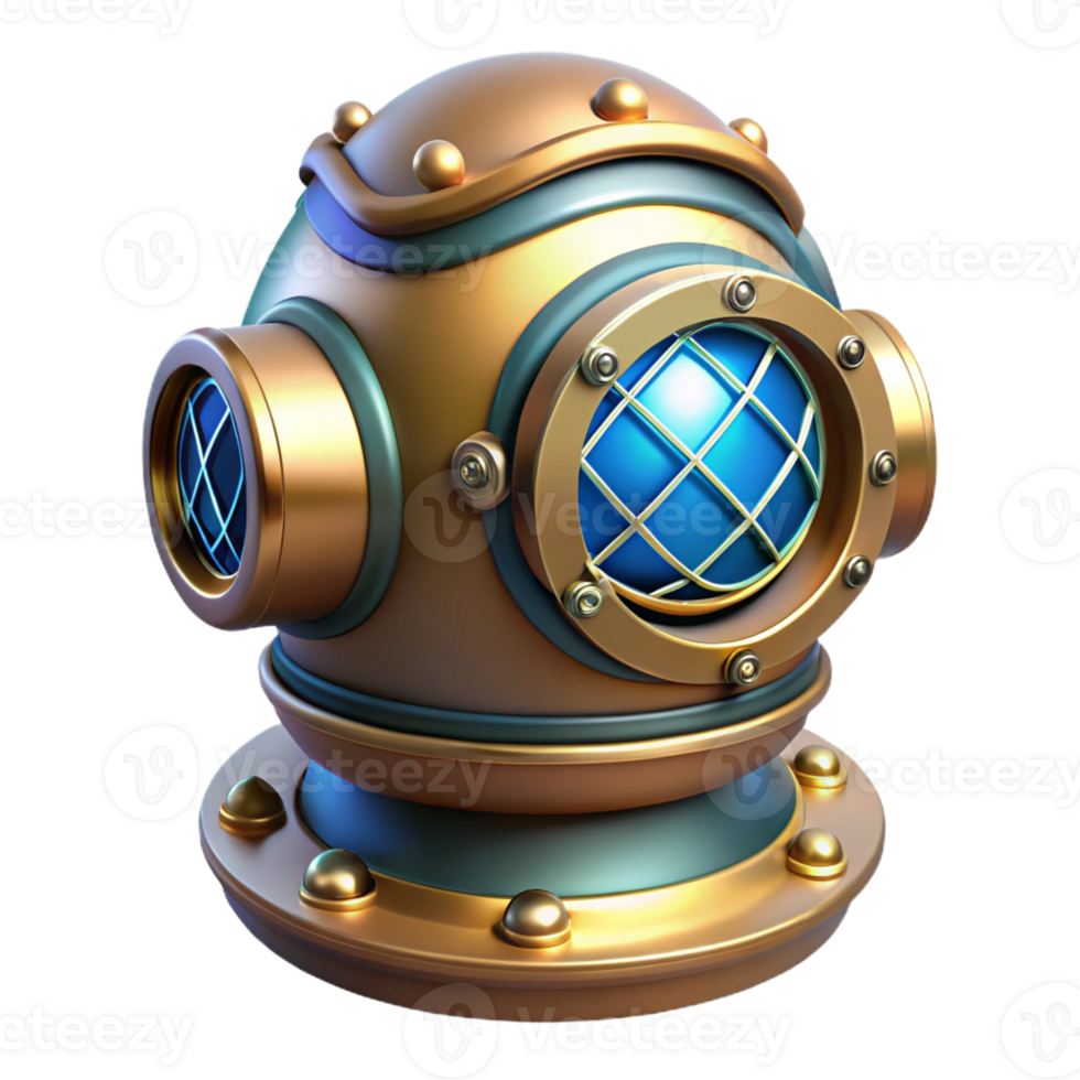 vibrant minimalist A steampunk inspired diver's helmet with intricate brass details and a large glass viewport, underwater scene visible within, cool, blue lighting, realistic style genuine png