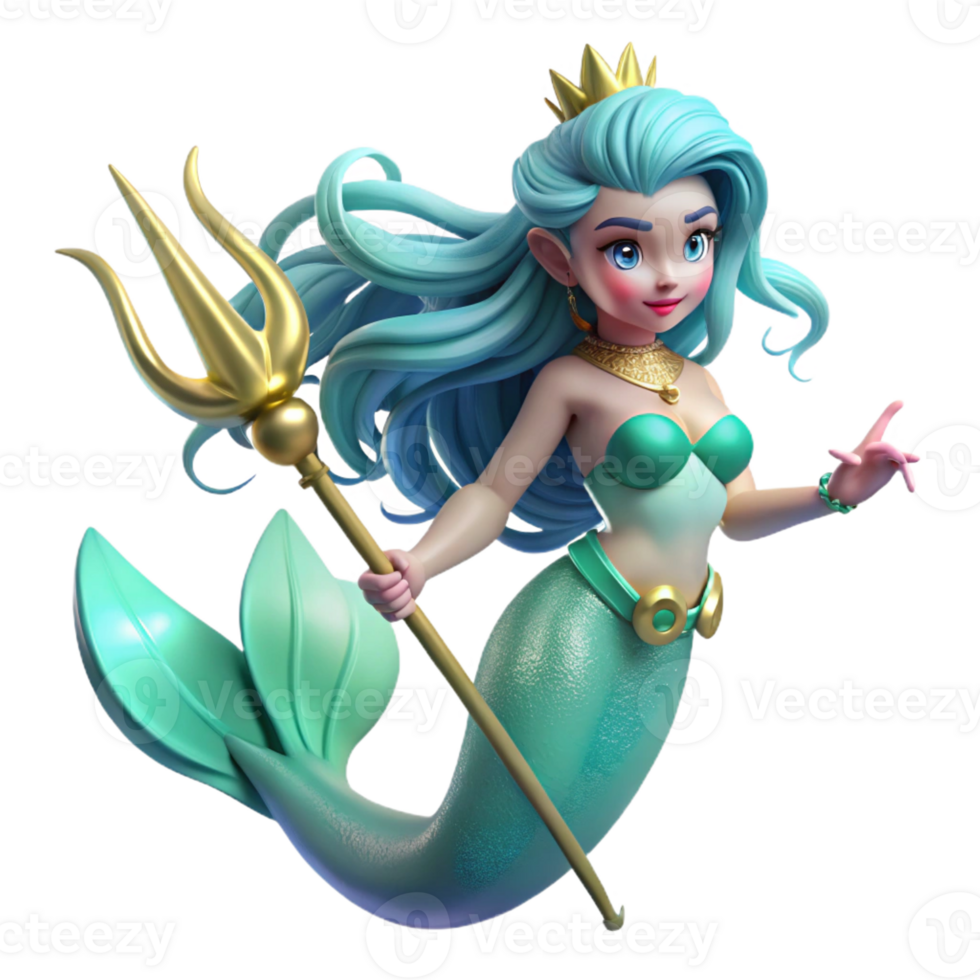 serene traditional A graceful mermaid with flowing turquoise hair, swimming amongst coral reefs, holding a pearl-encrusted trident. Underwater lighting, fantasy art style high quality png