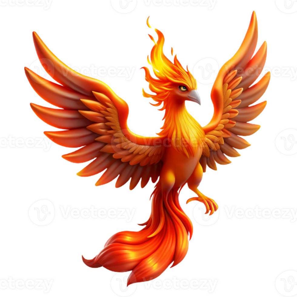 serene creative A majestic phoenix rising from the ashes, its fiery wings spread wide, illuminating the dark sky. Dramatic lighting, fantasy art style detailed png