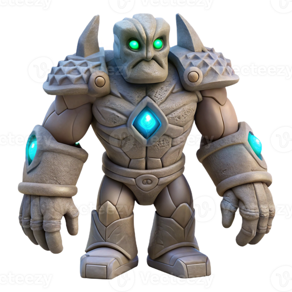 extraordinary contemporary A powerful golem crafted from living stone, standing guard over an ancient temple, its eyes glowing with a mystical light. Moody lighting, fantasy art style authentic png