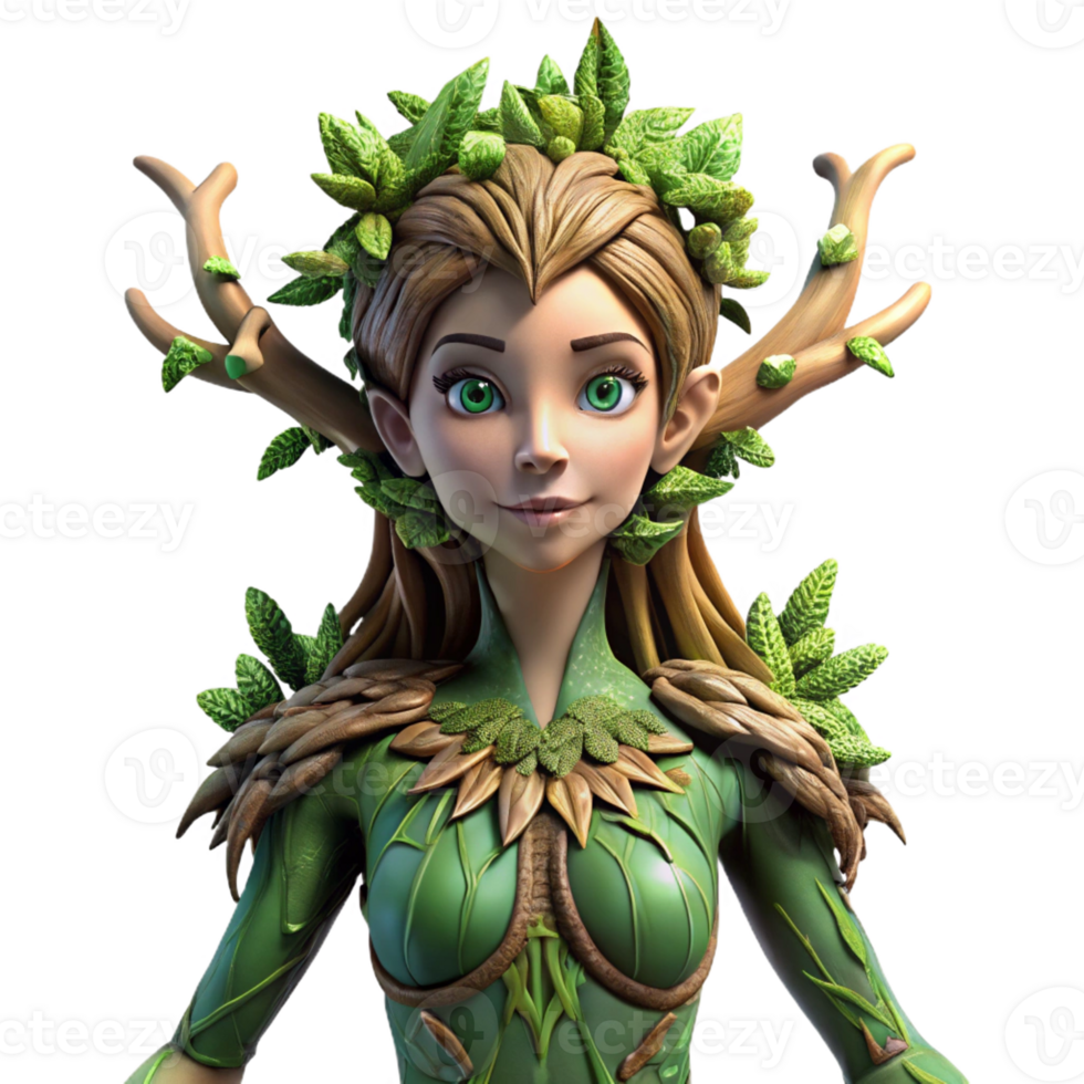 wonderful classic A beautiful dryad emerging from a ancient oak tree, her skin adorned with moss and leaves. Soft lighting, fantasy art style high quality png