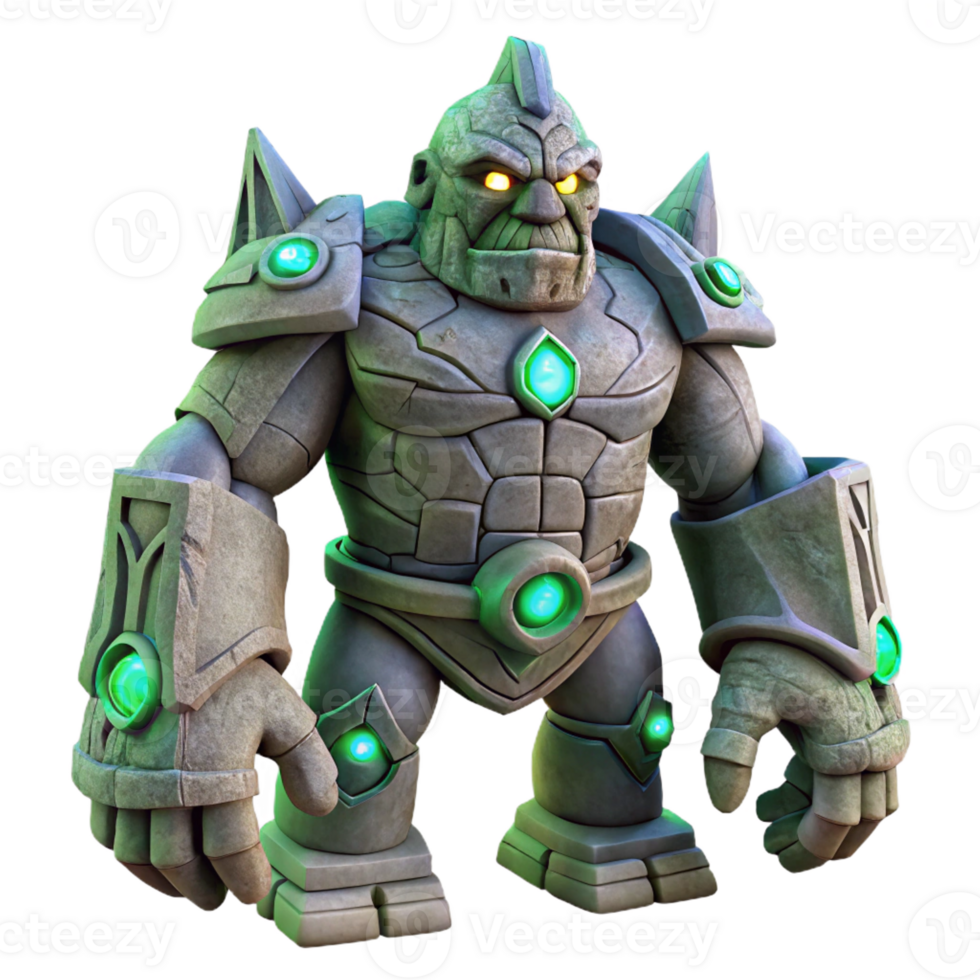 elegant abstract A powerful golem crafted from living stone, standing guard over an ancient temple, its eyes glowing with a mystical light. Moody lighting, fantasy art style high resolution png