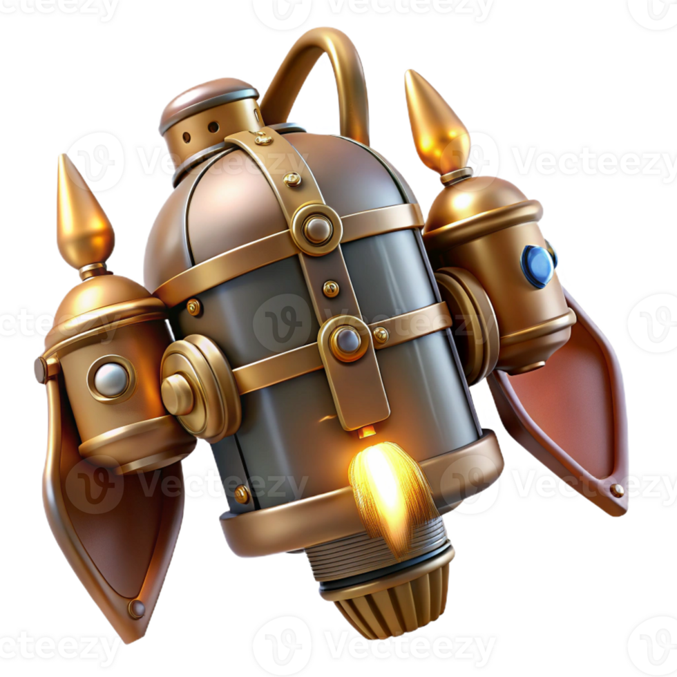 serene minimalist A steampunk inspired jetpack with copper and brass details, emitting jets of steam, dynamic lighting, comic book style genuine png