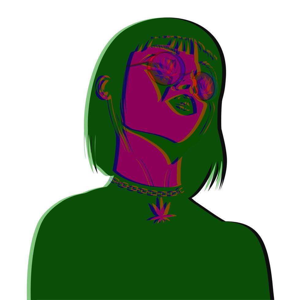 A girl in glasses with a marijuana pendant. colored shadows, pink skin vector