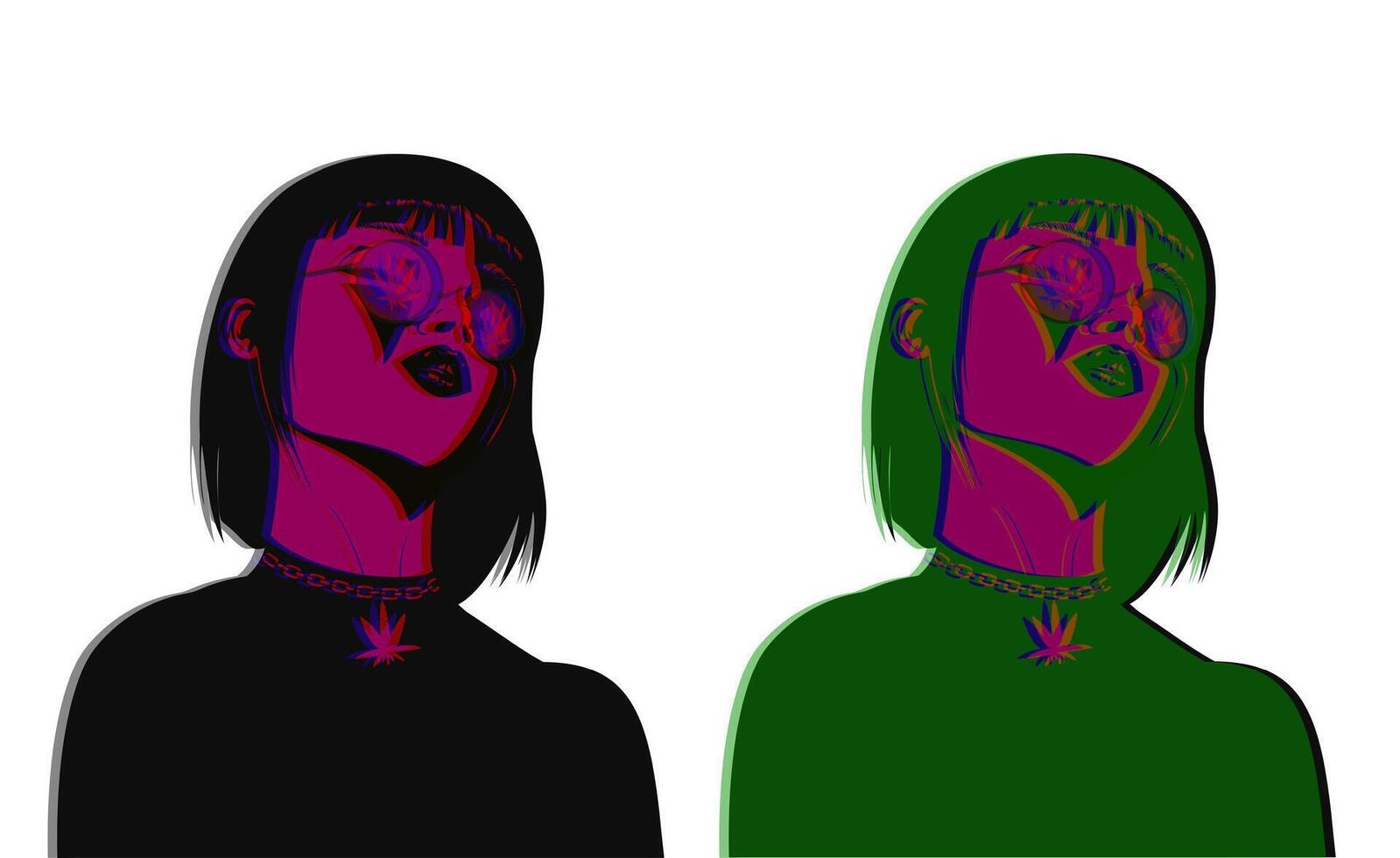 Two girls in glasses with marijuana pendants. Colored shadows, pink skin vector