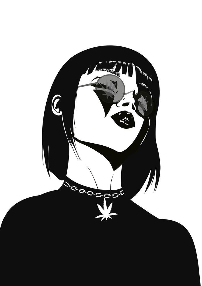 A girl with glasses and a marijuana pendant Black and white illustration vector