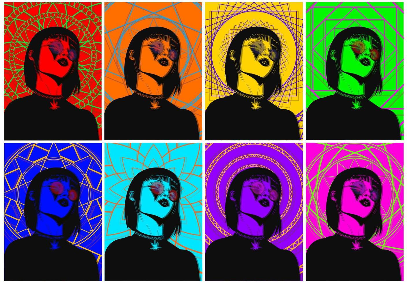 Set of eight posters with girls, colorful mandalas, psychedelic poster, colored shadows vector