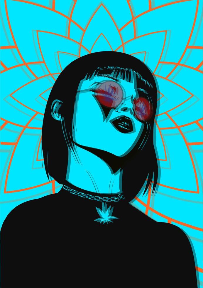 A girl in glasses with a marijuana pendant. Blue background. The Mandala vector