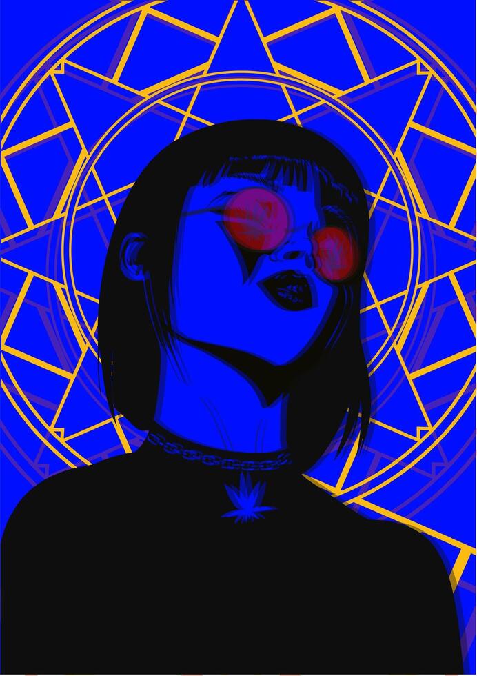 A girl in red glasses with a marijuana pendant. Blue background. The Mandala vector