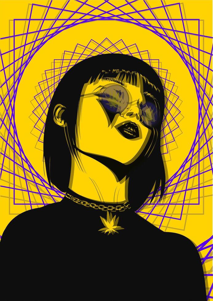 A girl in blue glasses with a marijuana pendant. Yellow background. The Mandala vector