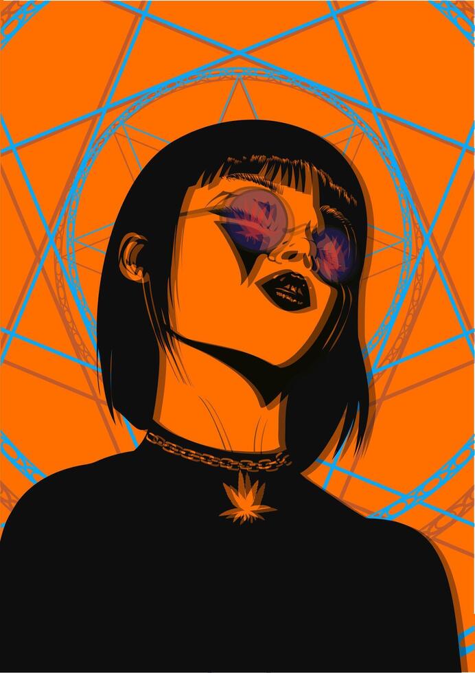 A girl in blue glasses with a marijuana pendant. Orange background. The Mandala vector