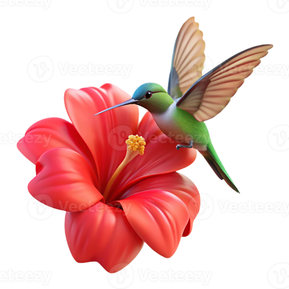 dramatic artistic A tiny hummingbird hovering over a vibrant red hibiscus flower, captured in sharp focus with a shallow depth of field, macro photography style genuine png