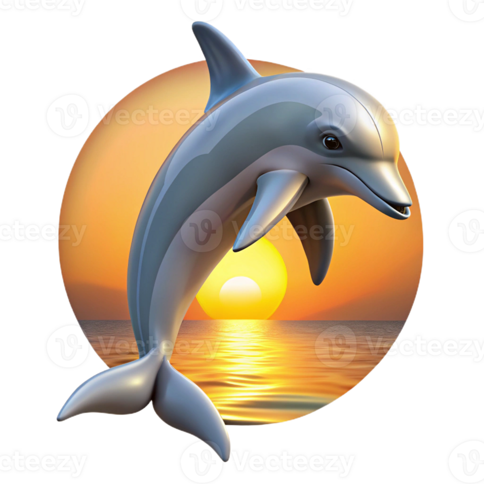 elegant creative A playful dolphin leaping out of the ocean, catching the golden rays of the setting sun, depicted in a realistic 3D render style professional png