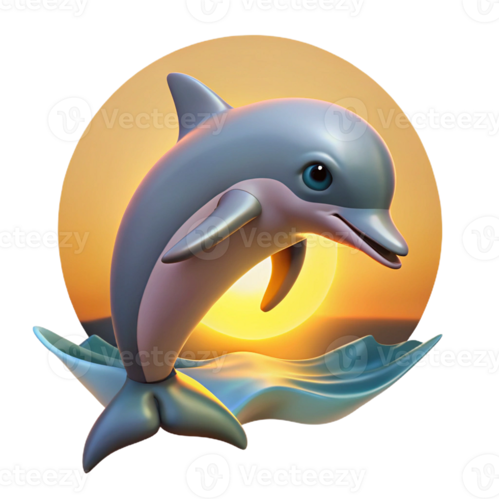 wonderful artistic A playful dolphin leaping out of the ocean, catching the golden rays of the setting sun, depicted in a realistic 3D render style high resolution png