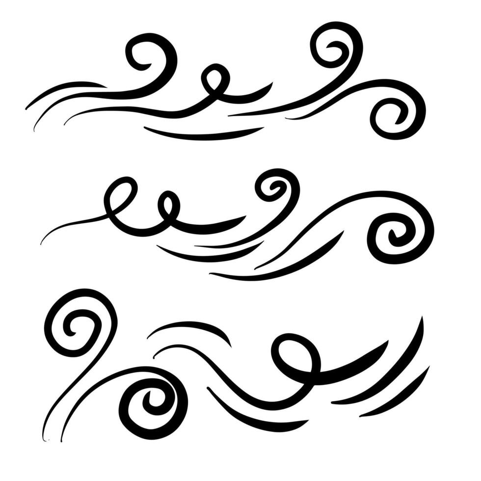 Doodle wind motion. abstract air swirls, blow waves, curve spirals in black colors. vector