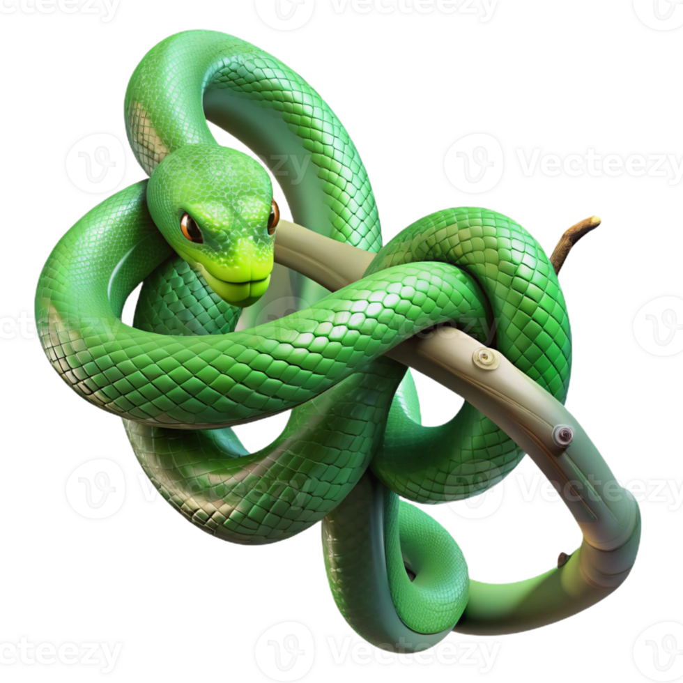 extraordinary rustic A slithering emerald green snake coiled around a branch, dappled with sunlight, illustrated in a vintage botanical style authentic png