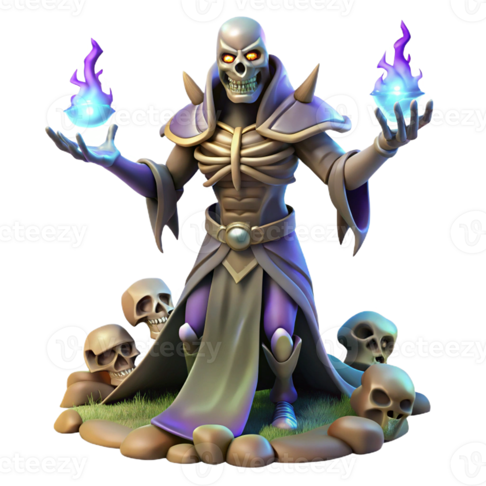 magnificent artistic A powerful necromancer summoning skeletal warriors from the ground, his eyes glowing with an unholy light. Dramatic lighting, fantasy art style detailed png