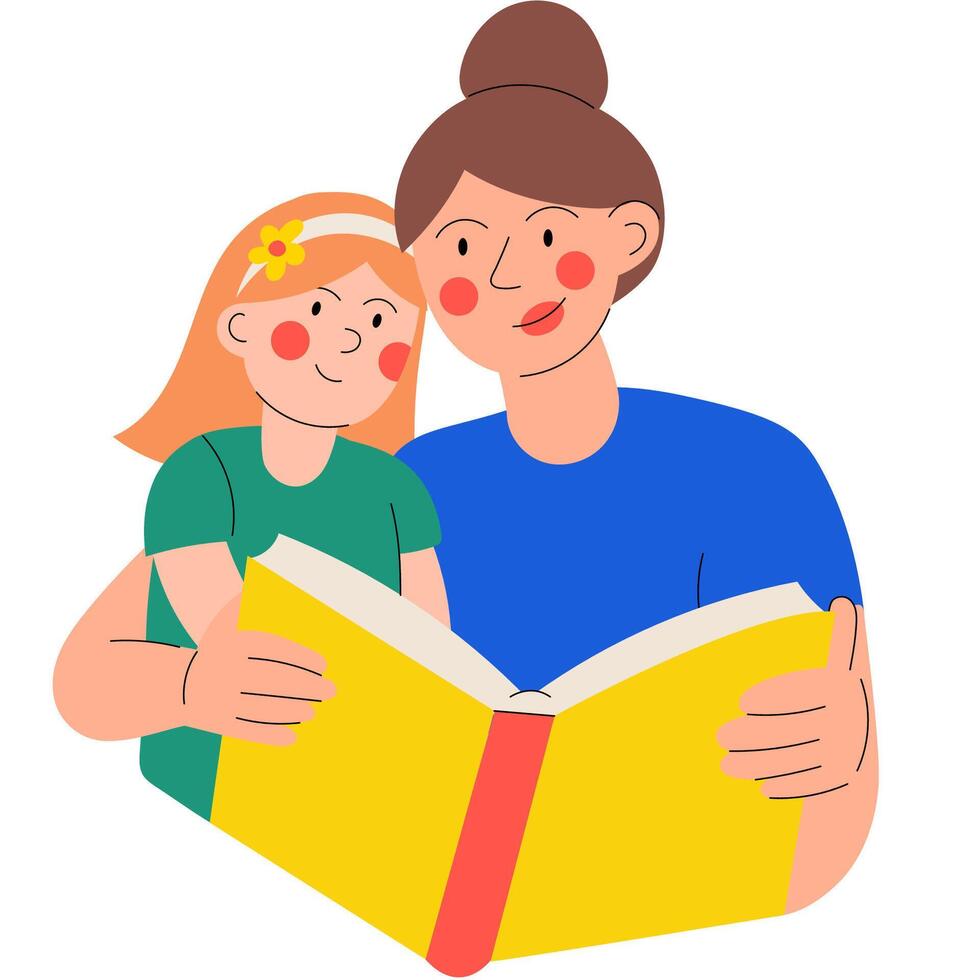 Mother reads a book to her daughter. Time with family at home. A girl sitting on a woman's lap, reading a book together. Home activities. vector
