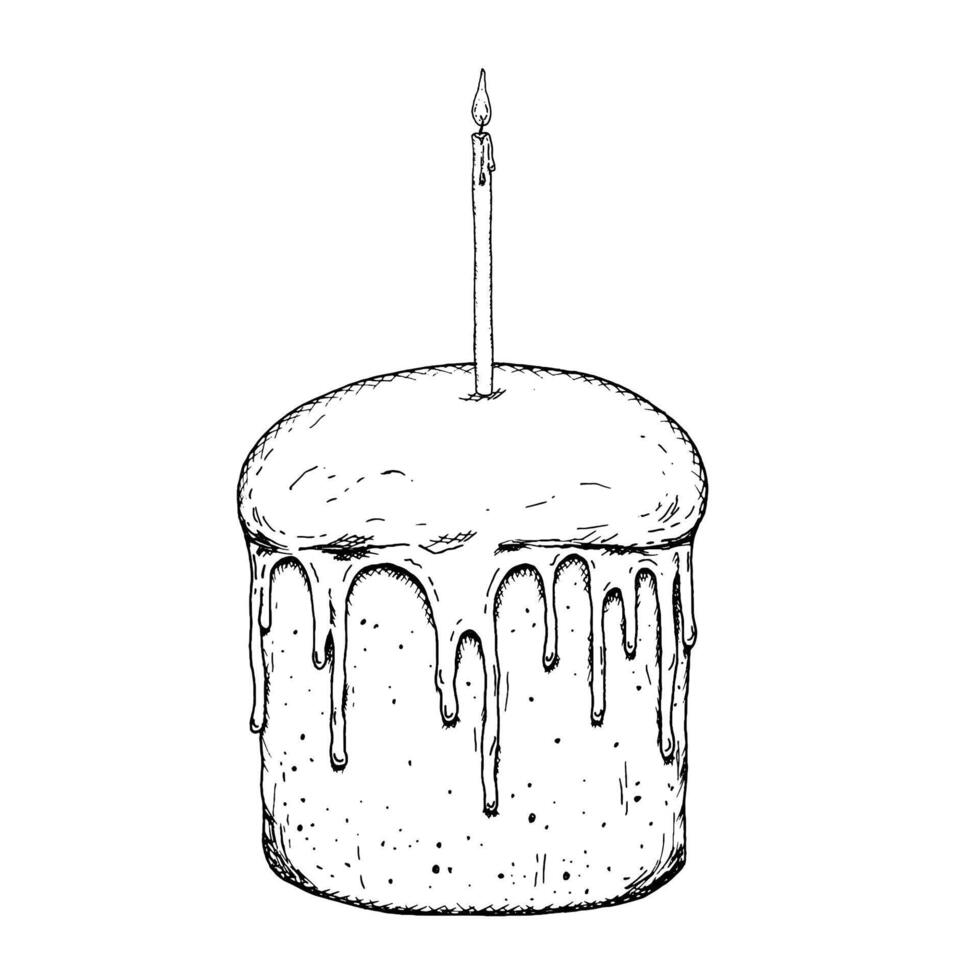 Traditional Easter cake with icing and single candle, hand-drawn in ink. A perfect addition to festive illustrations, food-related branding and packaging. Ideal for culinary projects and designs vector
