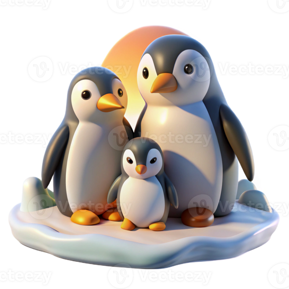 elegant artistic A family of penguins huddled together on a snowy landscape, bathed in the soft light of a polar sunrise, in a heartwarming children's book illustration style 4K png