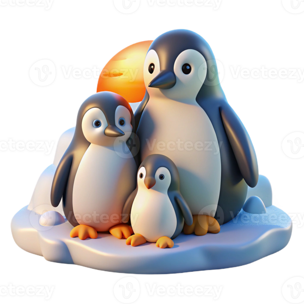 vibrant vintage A family of penguins huddled together on a snowy landscape, bathed in the soft light of a polar sunrise, in a heartwarming children's book illustration style high quality png