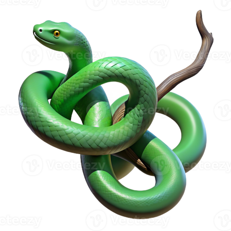 vibrant classic A slithering emerald green snake coiled around a branch, dappled with sunlight, illustrated in a vintage botanical style 4K png