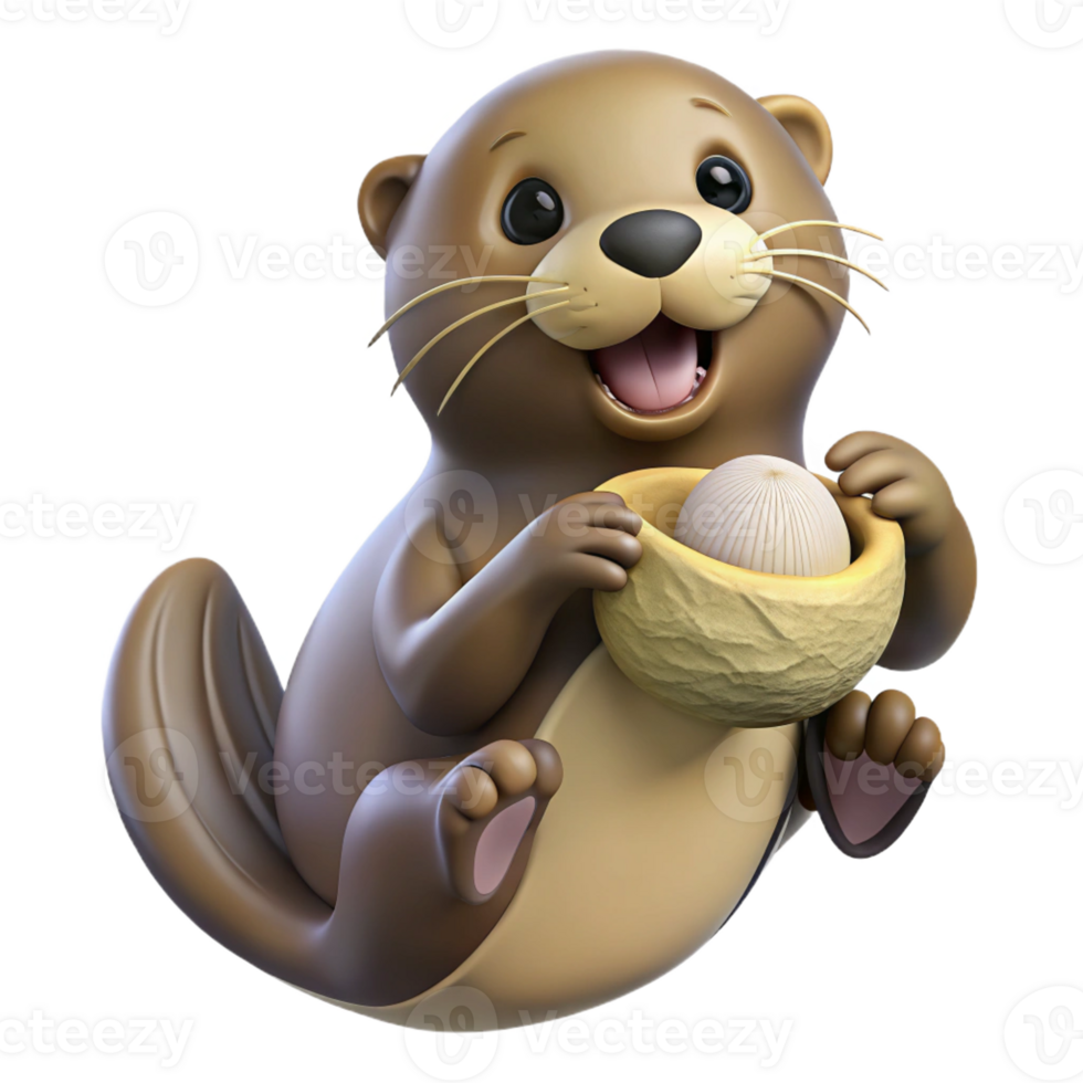 impressive rustic A playful sea otter cracking open a clam shell with a rock, floating on its back in the ocean, in a charming and whimsical cartoon style 4K png