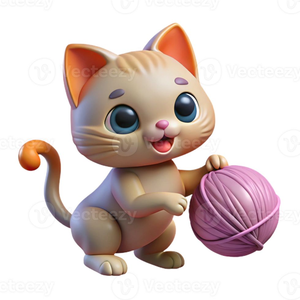 vibrant creative A playful kitten batting at a ball of yarn, illuminated by soft window light, in a cute and whimsical cartoon style high resolution png