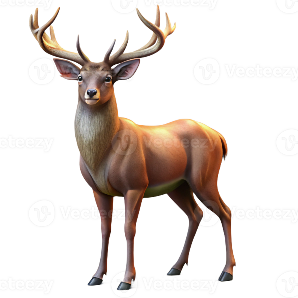 vibrant creative A majestic stag with large antlers standing in a forest clearing, illuminated by dappled sunlight, in a realistic digital painting style genuine png