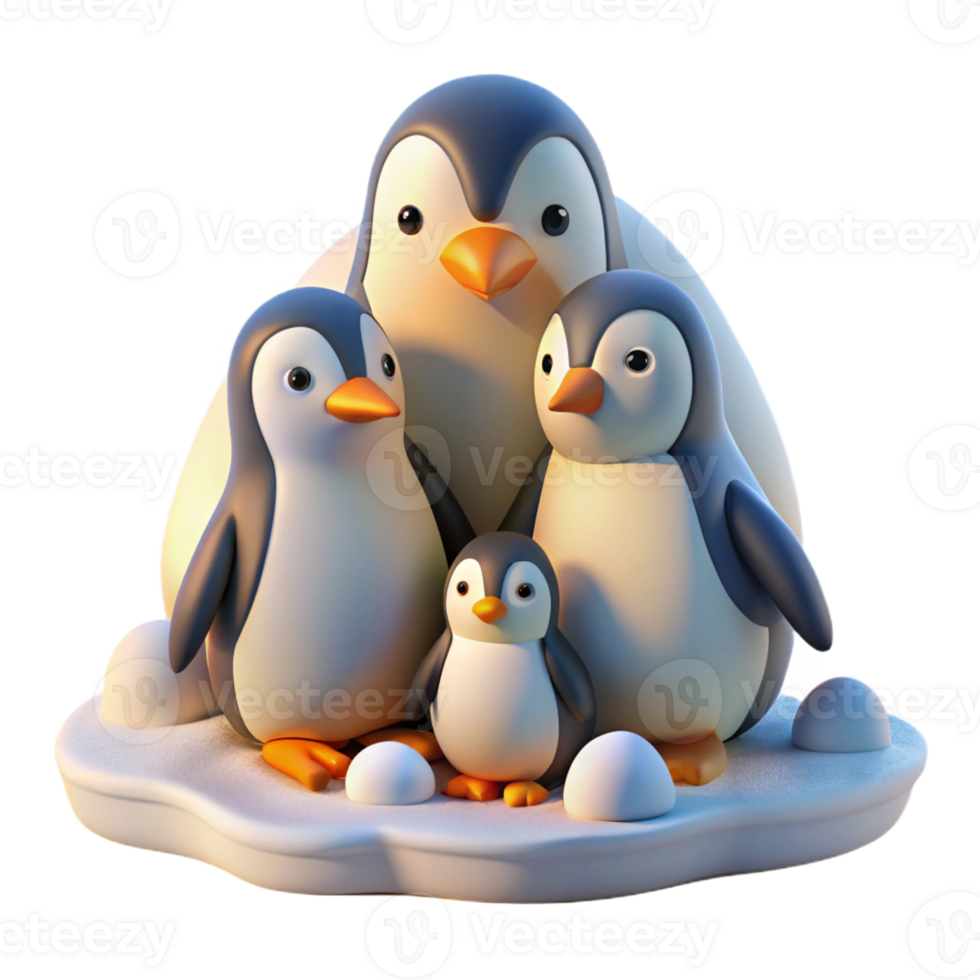 serene contemporary A family of penguins huddled together on a snowy landscape, bathed in the soft light of a polar sunrise, in a heartwarming children's book illustration style detailed png