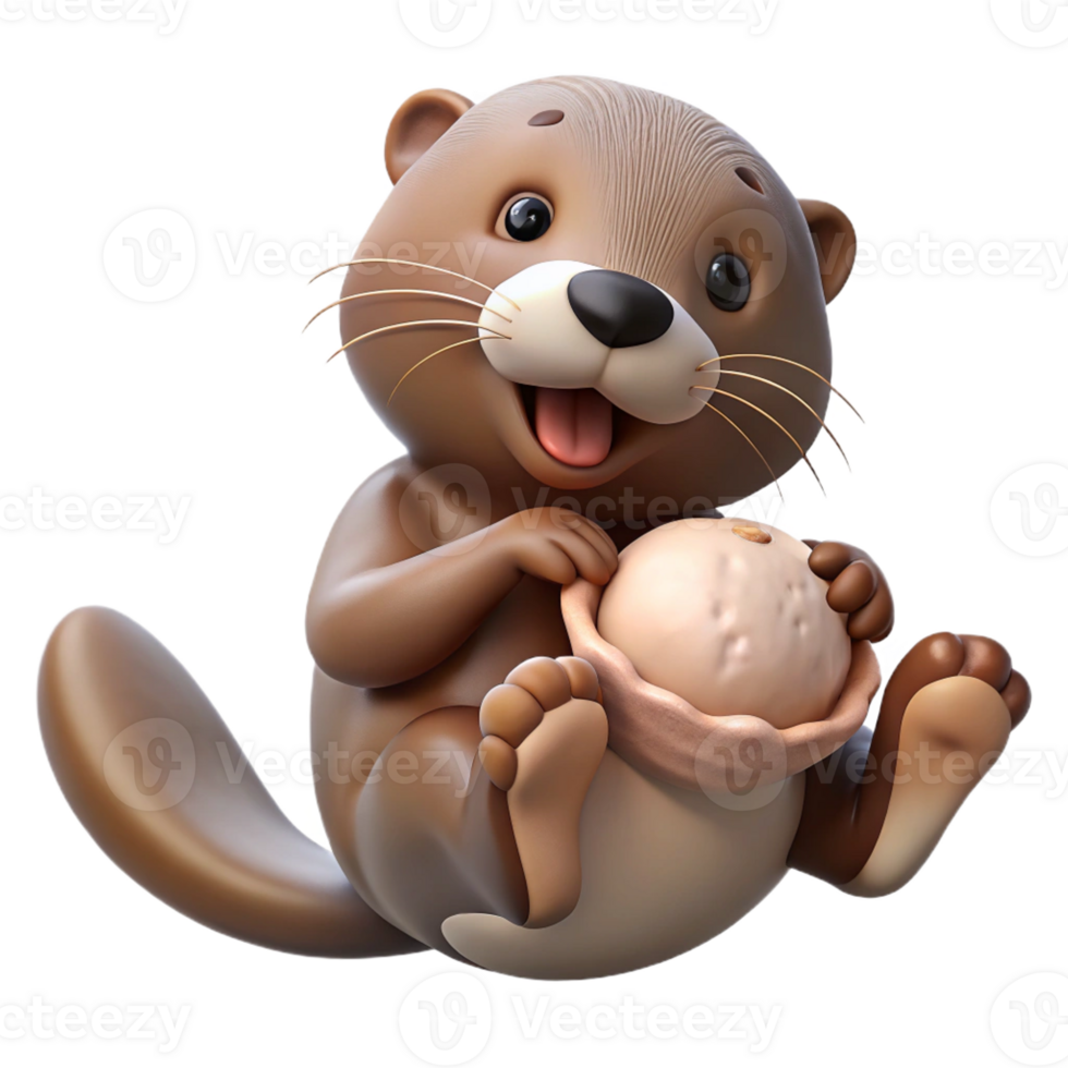 magnificent abstract A playful sea otter cracking open a clam shell with a rock, floating on its back in the ocean, in a charming and whimsical cartoon style premium png