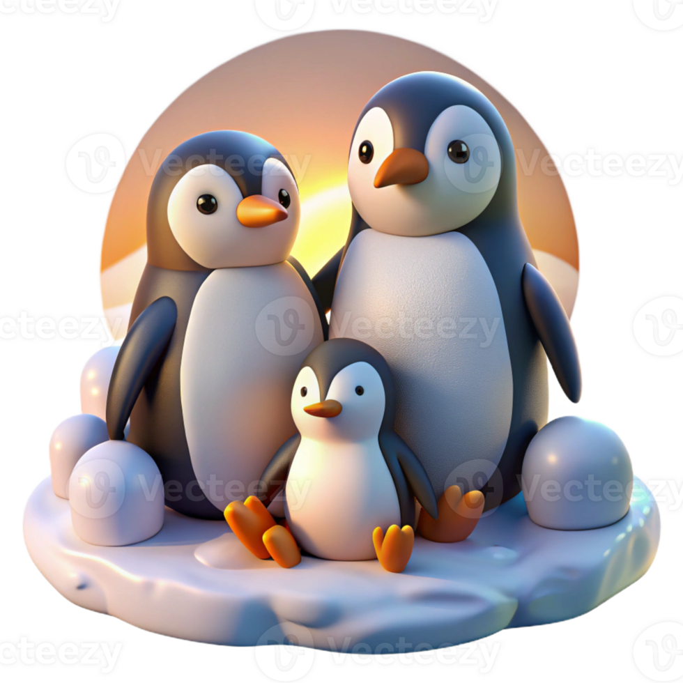 extraordinary artistic A family of penguins huddled together on a snowy landscape, bathed in the soft light of a polar sunrise, in a heartwarming children's book illustration style premium png