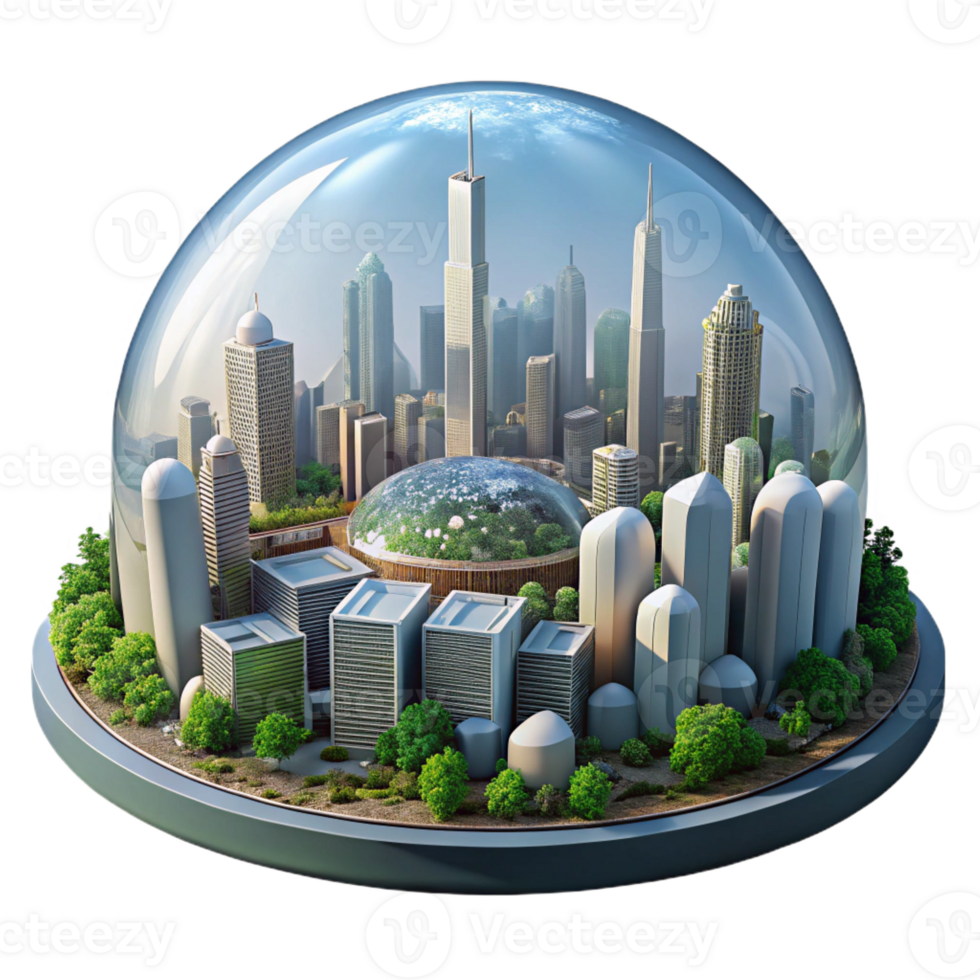 serene modern A futuristic city built within a giant biodome, lush vegetation growing amongst towering skyscrapers. Natural, diffused lighting, utopian style authentic png