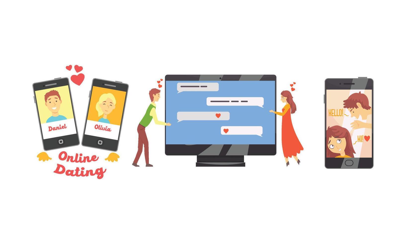 People Using Website or Mobile Application for Dating or Searching for Romantic Partner on Internet Collection, Virtual Relationships, Social Networking Illustration vector
