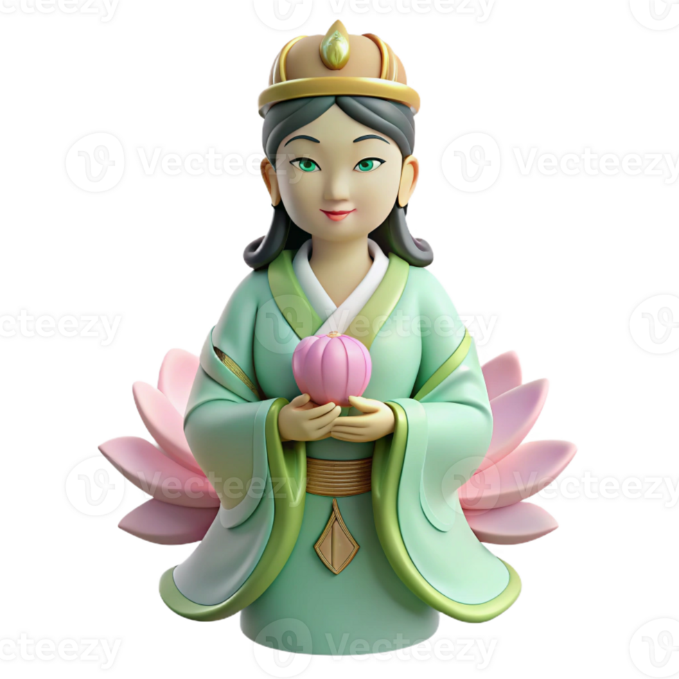 vibrant artistic A benevolent Chinese goddess Guanyin, holding a lotus flower, serene expression, traditional Chinese painting style authentic png