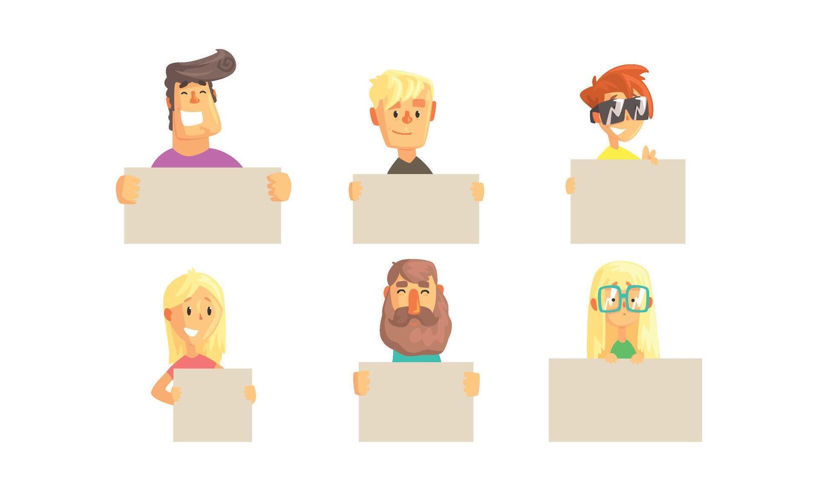 People Holding Blank Banners Collection, Funny Characters Demonstrating Empty Placards Illustration vector