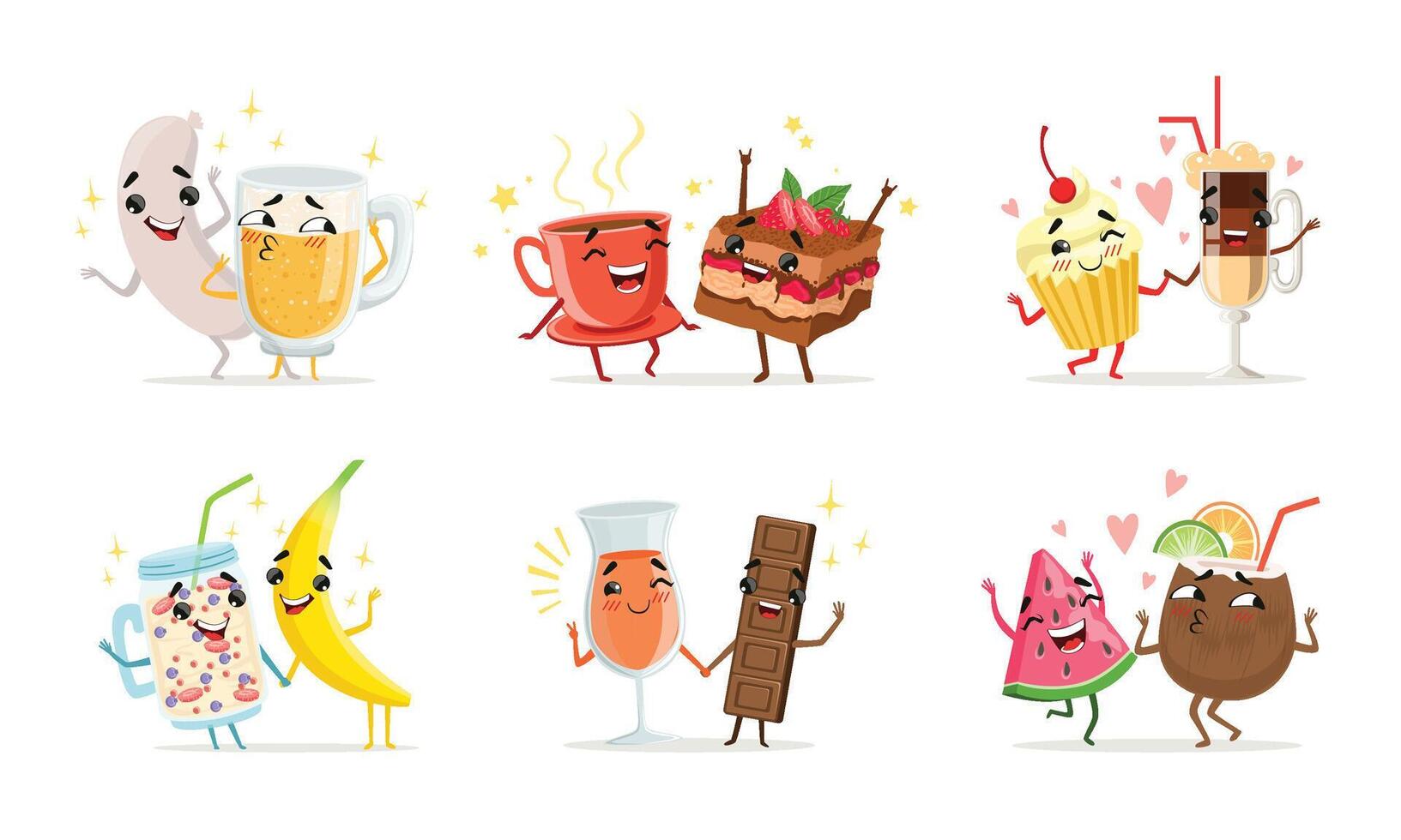 Forever Friends Collection, Cute Funny Food and Drink Cartoon Characters, Smiling Best Friends Illustration vector