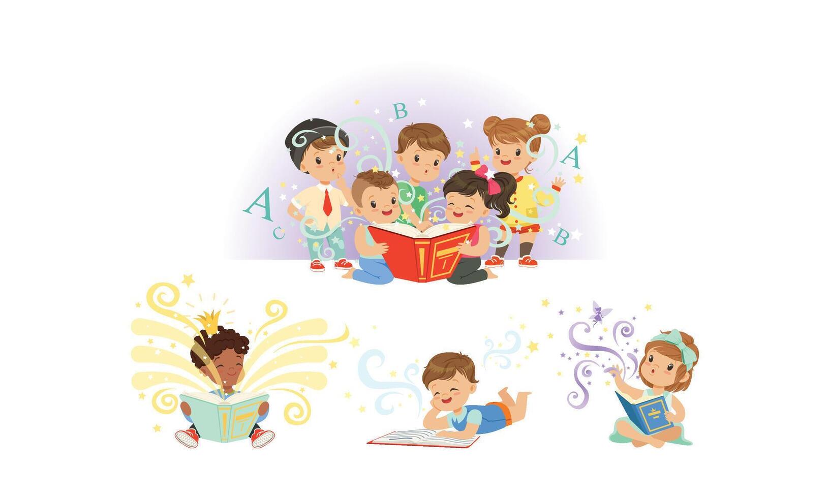 Adorable Little Kids Reading Fairy Tale Books Collection Illustration vector