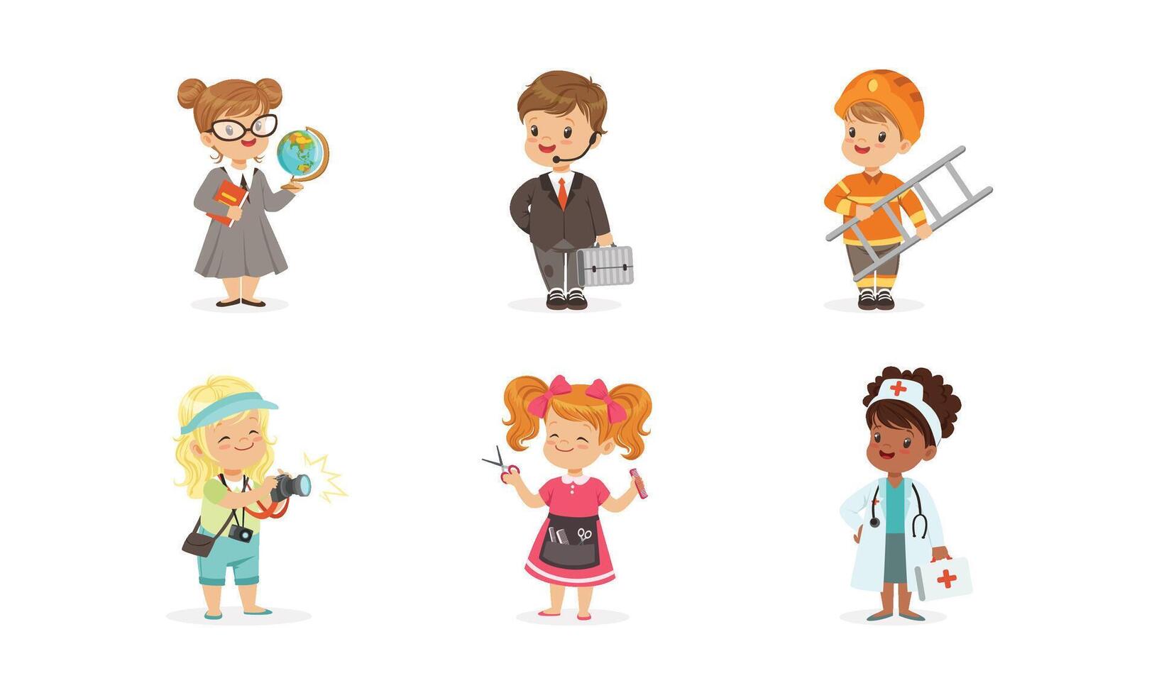Cute Kids of Various Professions Set, Teacher, Businessman, Fireman, Photographer, Hairdresser, Doctor Illustration vector