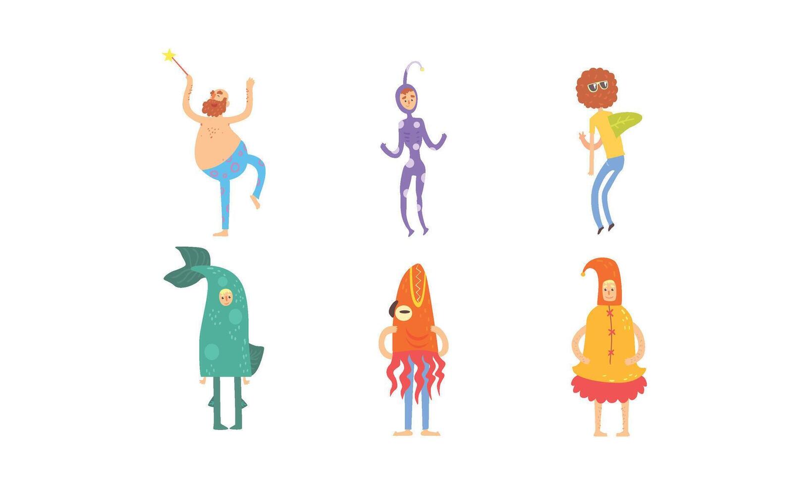 Freak Men in Fancy Costumes Collection, Freaky Masquerade or Carnival Costume, Creative Crazy Party Illustration vector