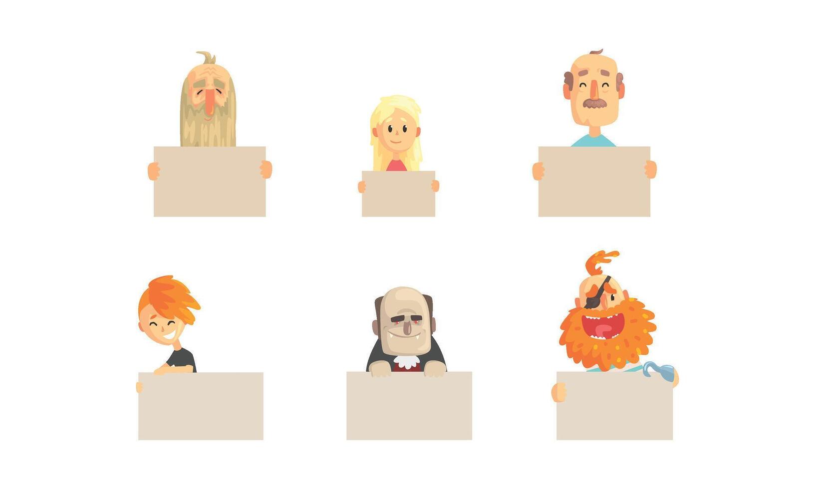 Bizarre People Holding Blank Banners Collection, Funny Characters Demonstrating Empty Placards Illustration vector