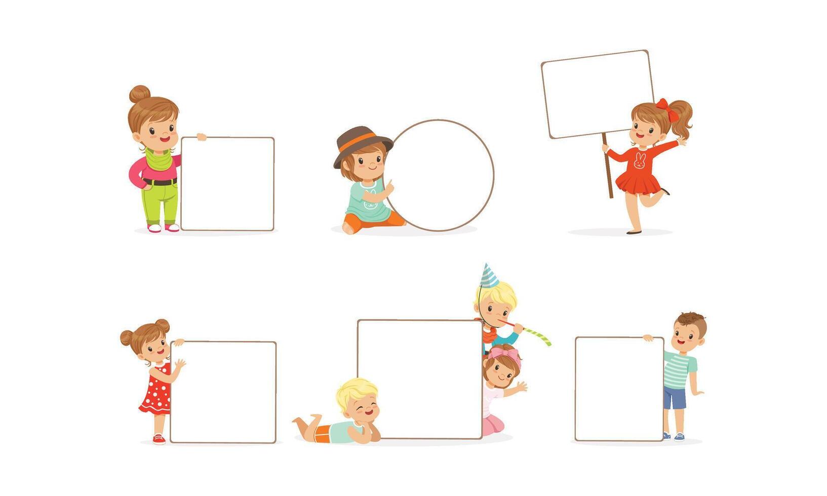 Kids Holding Blank Banners Collection, Happy Adorable Boys and Girls with Empty White Posters Illustration vector