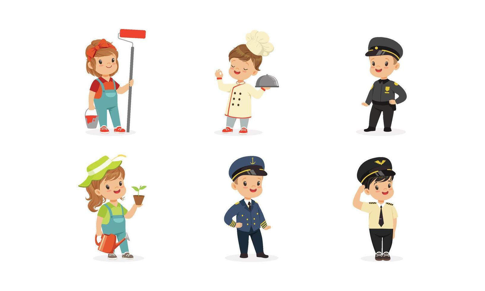 Cute Kids of Various Professions Set, Painter, Cook, Policeman, Gardener, Pilot, Captain Illustration vector