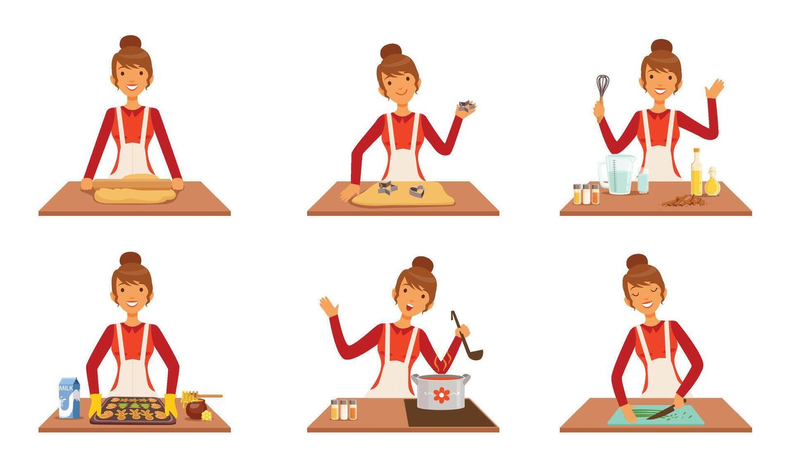 Young Woman Cooking and Baking Set, Housewife Preparing Food in the Kitchen Illustration vector